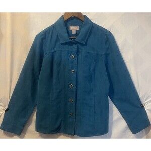 CHICO'S Teal Blue Striped Pewter Button Close Stretchy Jacket 1 M Art to Wear